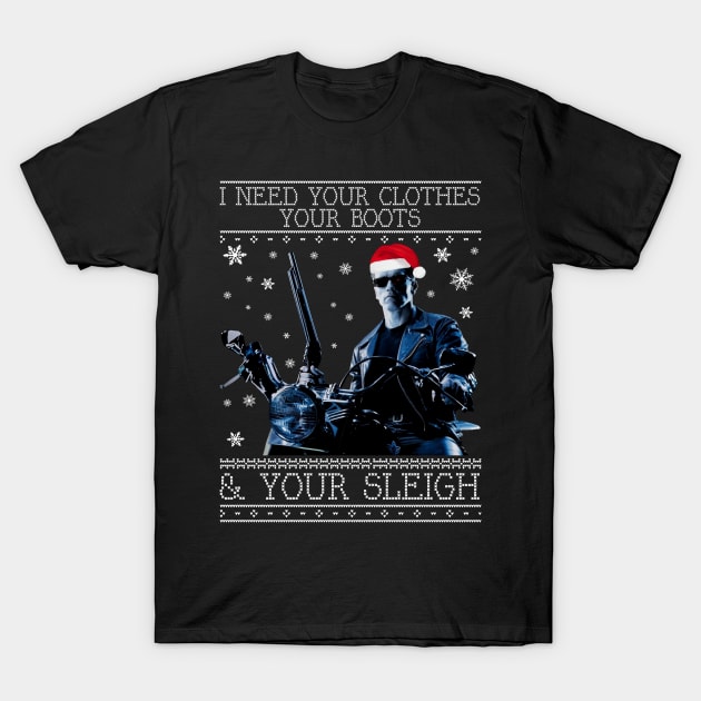 I Need Your Clothes Terminator Christmas Knit T-Shirt by Rebus28